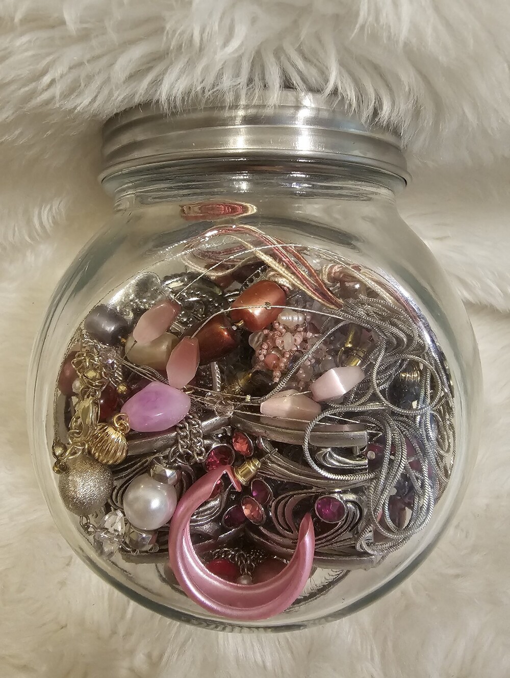 Curated Pink & Silver Jewelry Jar Mixed Wearable Jewelry Glass Jar Included